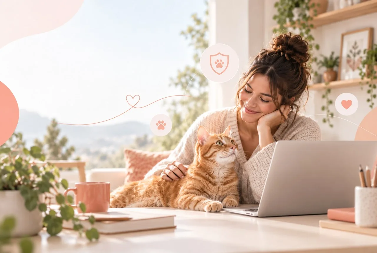 Owner with an orange tabby cat beside a laptop at home