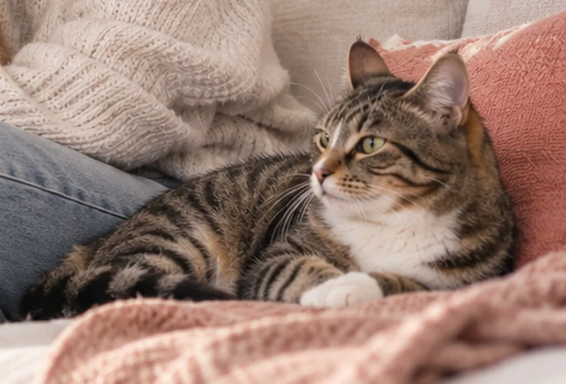 Tabby cat resting on a blanket beside its owner